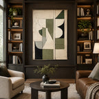 Wabi-Sabi abstract oil painting showing layered abstract marks, texture and expressive painterly movement in a beige palette.