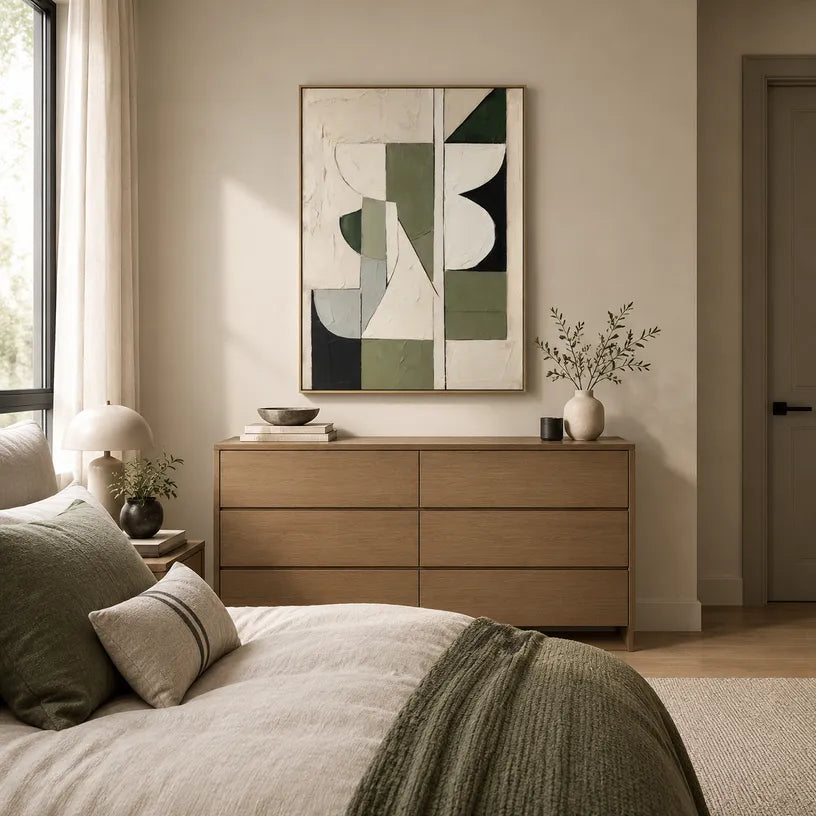 Wabi-Sabi abstract oil painting showing layered abstract marks, texture and expressive painterly movement in a beige palette.
