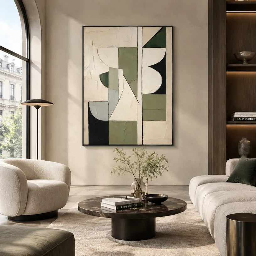 Wabi-Sabi abstract oil painting showing layered abstract marks, texture and expressive painterly movement in a beige palette.