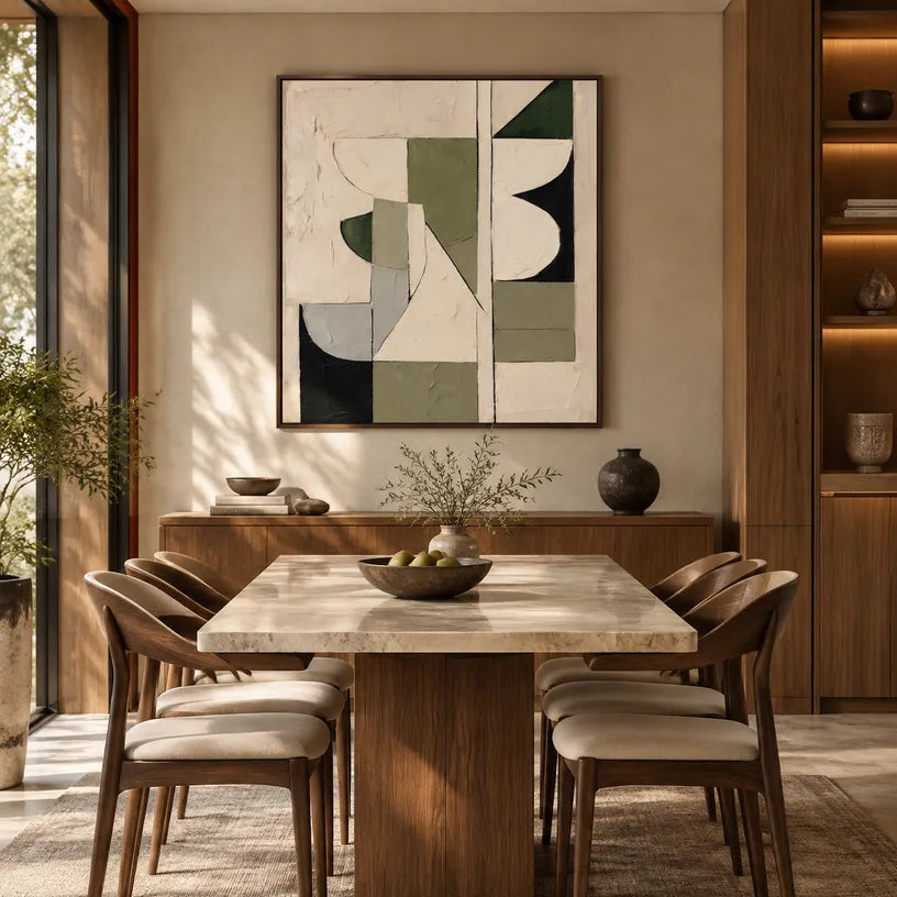 Wabi-Sabi abstract oil painting showing layered abstract marks, texture and expressive painterly movement in a beige palette.