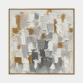 Pittura a olio astratta e concettuale Wabi-Sabi con segni astratti stratificati, consistenza e movimento pittorico espressivo.