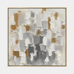 Wabi-Sabi abstract oil painting showing layered abstract marks, texture and expressive painterly movement in a grey palette.