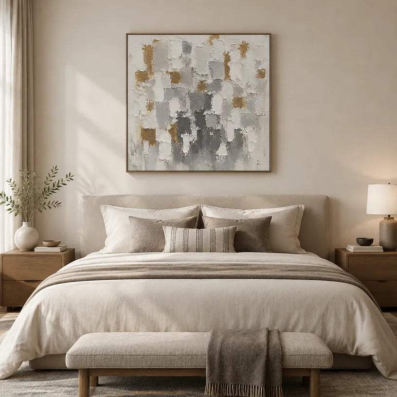 Wabi-Sabi abstract oil painting showing layered abstract marks, texture and expressive painterly movement in a grey palette.