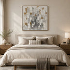 Wabi-Sabi abstract oil painting showing layered abstract marks, texture and expressive painterly movement in a grey palette.