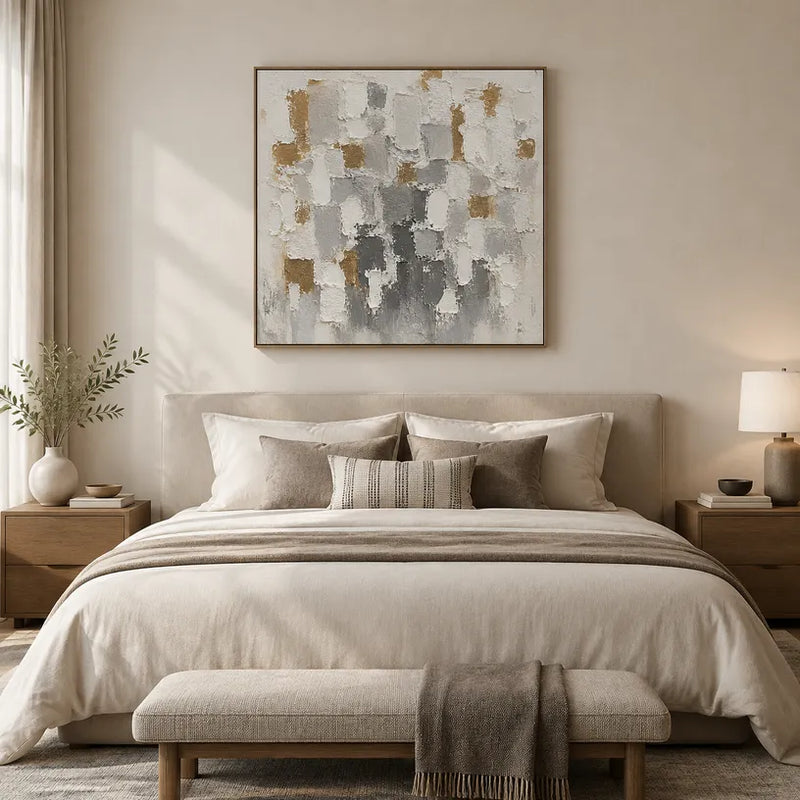 Pittura a olio astratta e concettuale Wabi-Sabi con segni astratti stratificati, consistenza e movimento pittorico espressivo.
