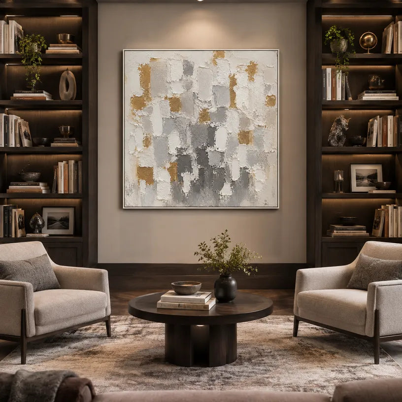Wabi-Sabi abstract oil painting showing layered abstract marks, texture and expressive painterly movement in a grey palette.