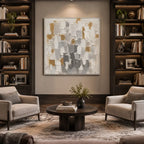 Wabi-Sabi abstract oil painting showing layered abstract marks, texture and expressive painterly movement in a grey palette.