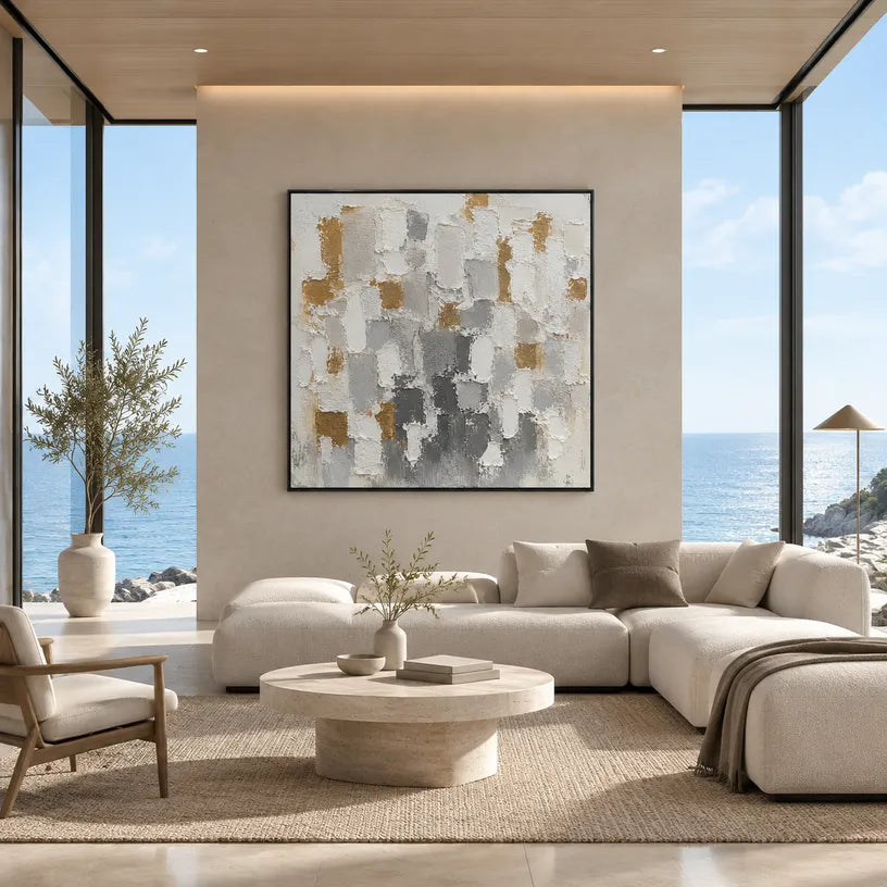 Wabi-Sabi abstract oil painting showing layered abstract marks, texture and expressive painterly movement in a grey palette.