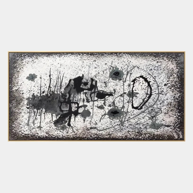 Wabi-Sabi abstract oil painting showing layered abstract marks, texture and expressive painterly movement in a grey palette.