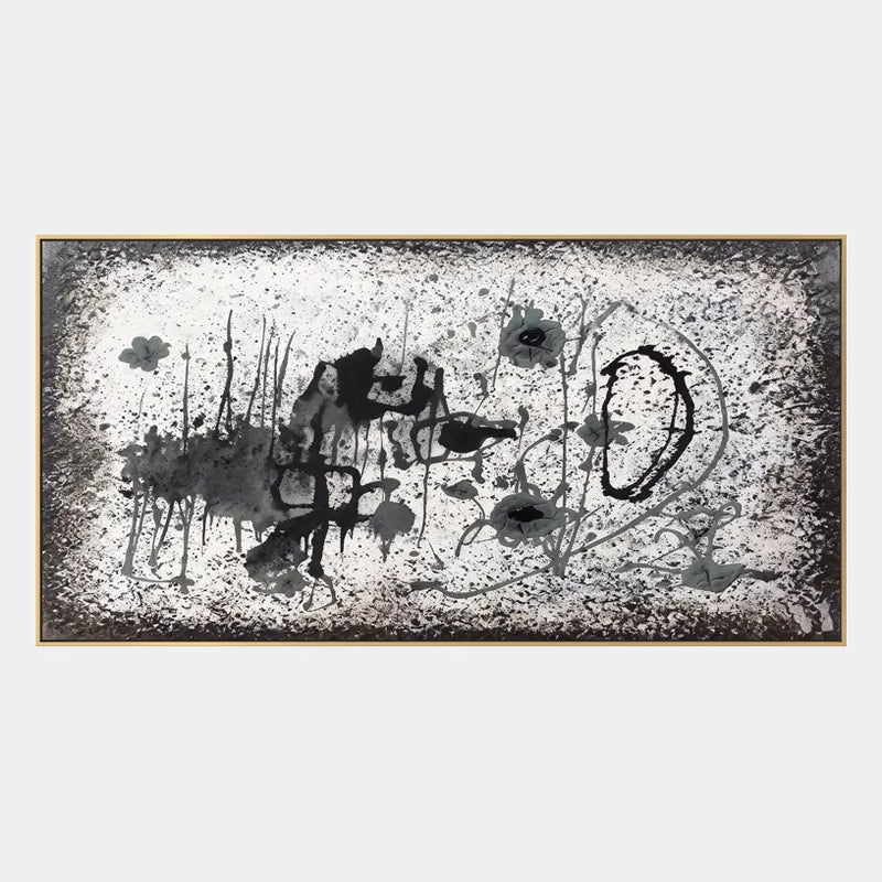 Pintura al óleo floral/botánica y natural Wabi-Sabi que presenta formas botánicas, flores o elementos naturales en una composición pictórica en una paleta de blanco y negro.