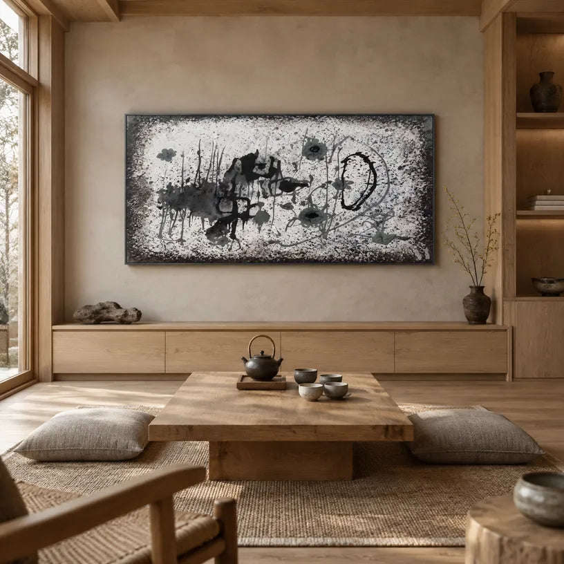 Wabi-Sabi abstract oil painting showing layered abstract marks, texture and expressive painterly movement in a grey palette.