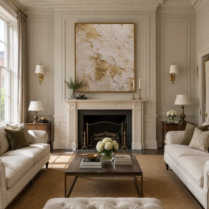 Wabi-Sabi abstract oil painting showing layered abstract marks, texture and expressive painterly movement in a beige palette.