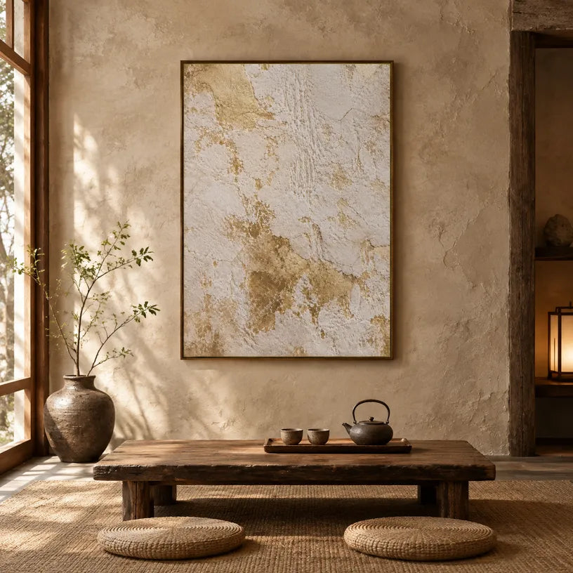 Wabi-Sabi abstract oil painting showing layered abstract marks, texture and expressive painterly movement in a beige palette.
