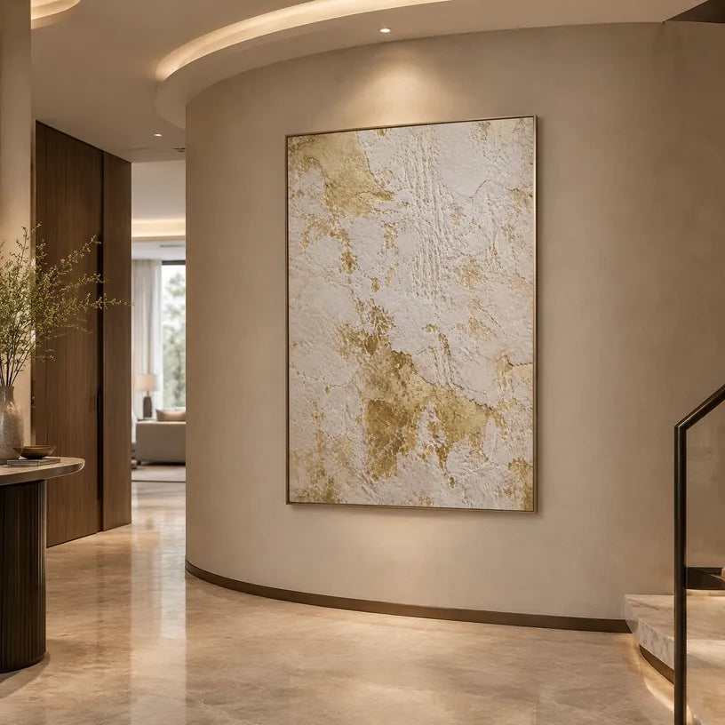 Wabi-Sabi abstract oil painting showing layered abstract marks, texture and expressive painterly movement in a beige palette.
