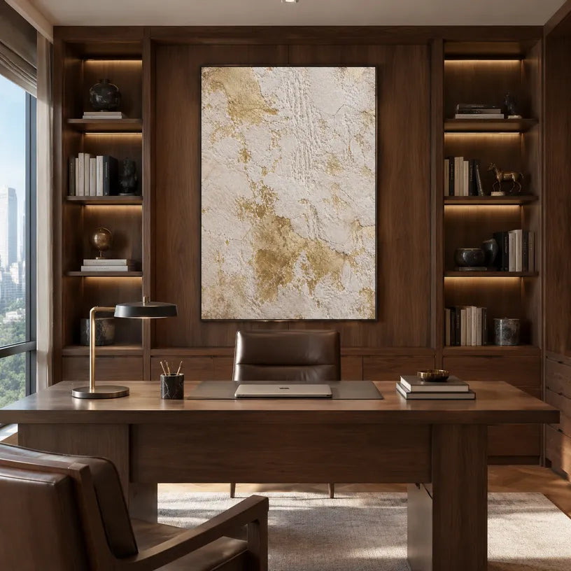 Wabi-Sabi abstract oil painting showing layered abstract marks, texture and expressive painterly movement in a beige palette.