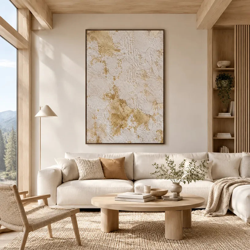 Wabi-Sabi abstract oil painting showing layered abstract marks, texture and expressive painterly movement in a beige palette.