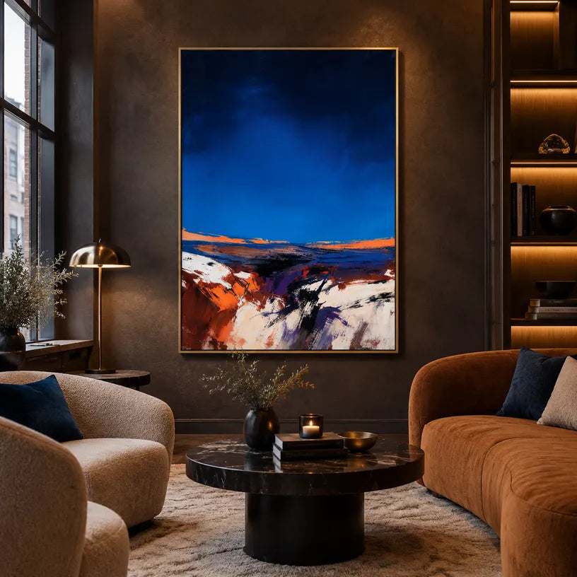 Wabi-Sabi abstract oil painting showing layered abstract marks, texture and expressive painterly movement in a blue palette.