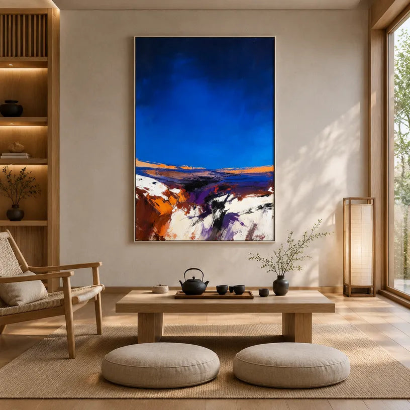 Wabi-Sabi abstract oil painting showing layered abstract marks, texture and expressive painterly movement in a blue palette.