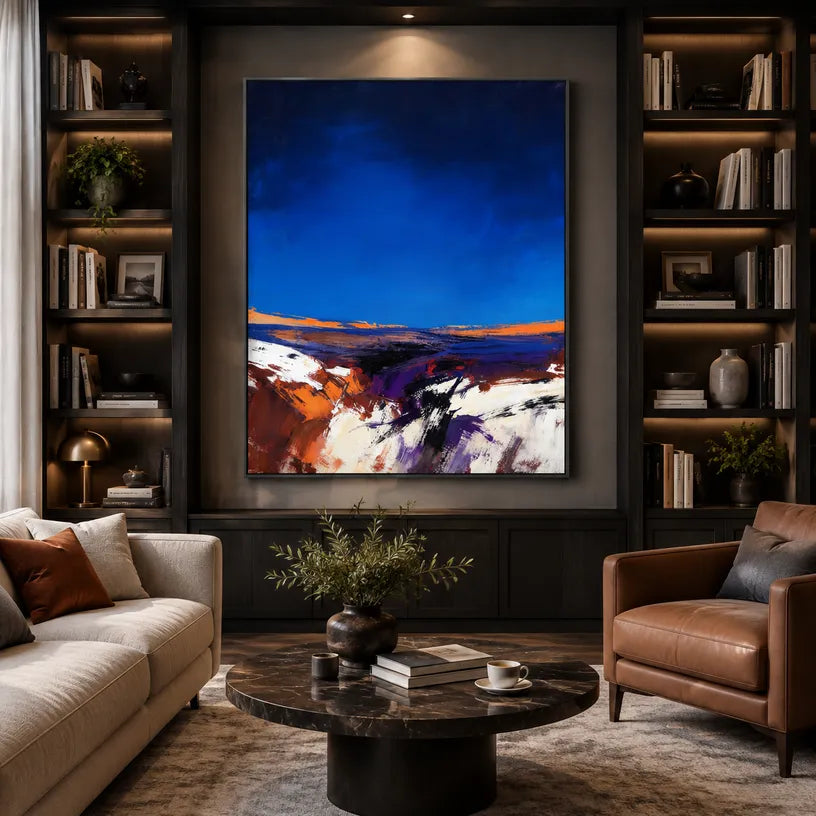 Wabi-Sabi abstract oil painting showing layered abstract marks, texture and expressive painterly movement in a blue palette.