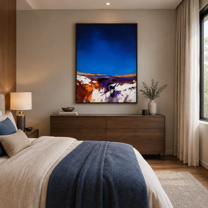 Wabi-Sabi abstract oil painting showing layered abstract marks, texture and expressive painterly movement in a blue palette.
