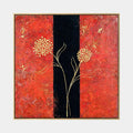 Wabi-Sabi Blumen-/Pflanzen- und Naturölgemälde mit botanischen Formen, Blumen oder natürlichen Elementen in einer malerischen Komposition in einer roten Palette.