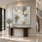 Wabi-Sabi abstract oil painting showing layered abstract marks, texture and expressive painterly movement in a grey palette.