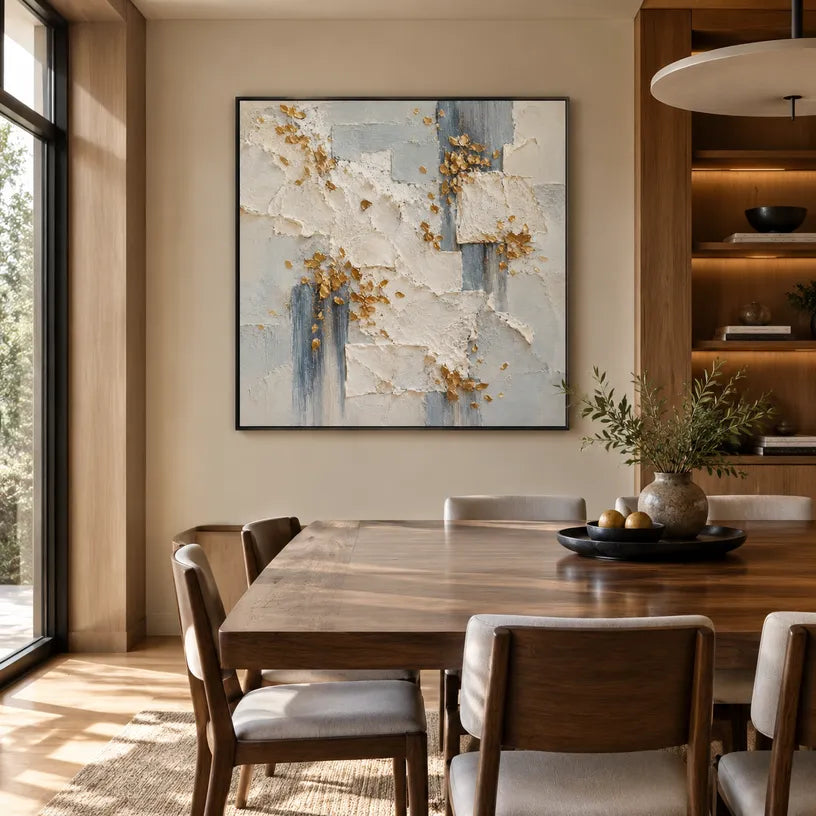 Wabi-Sabi abstract oil painting showing layered abstract marks, texture and expressive painterly movement in a grey palette.