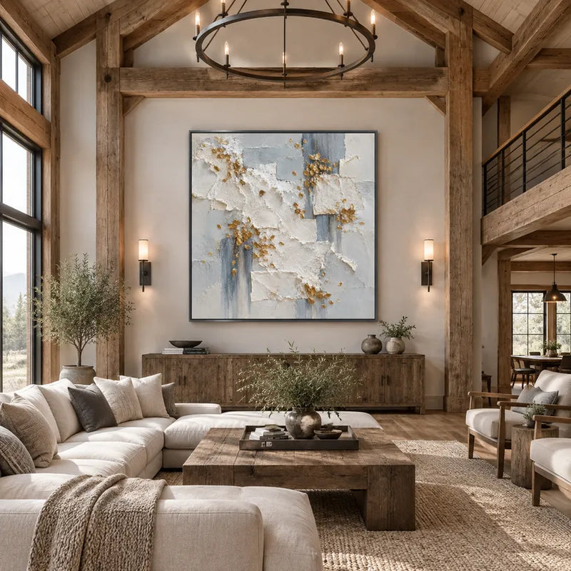 Peinture à l'huile abstraite et conceptuelle Wabi-Sabi présentant des marques abstraites superposées, une texture et un mouvement pictural expressif dans une palette beige.