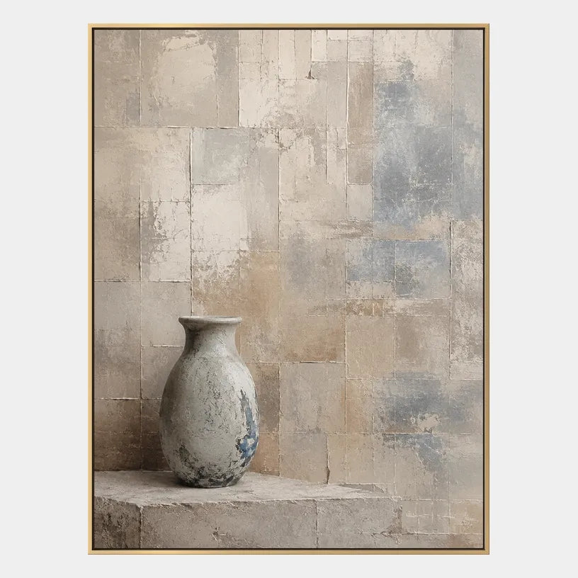 Wabi-Sabi abstract oil painting showing layered abstract marks, texture and expressive painterly movement in a brown palette.
