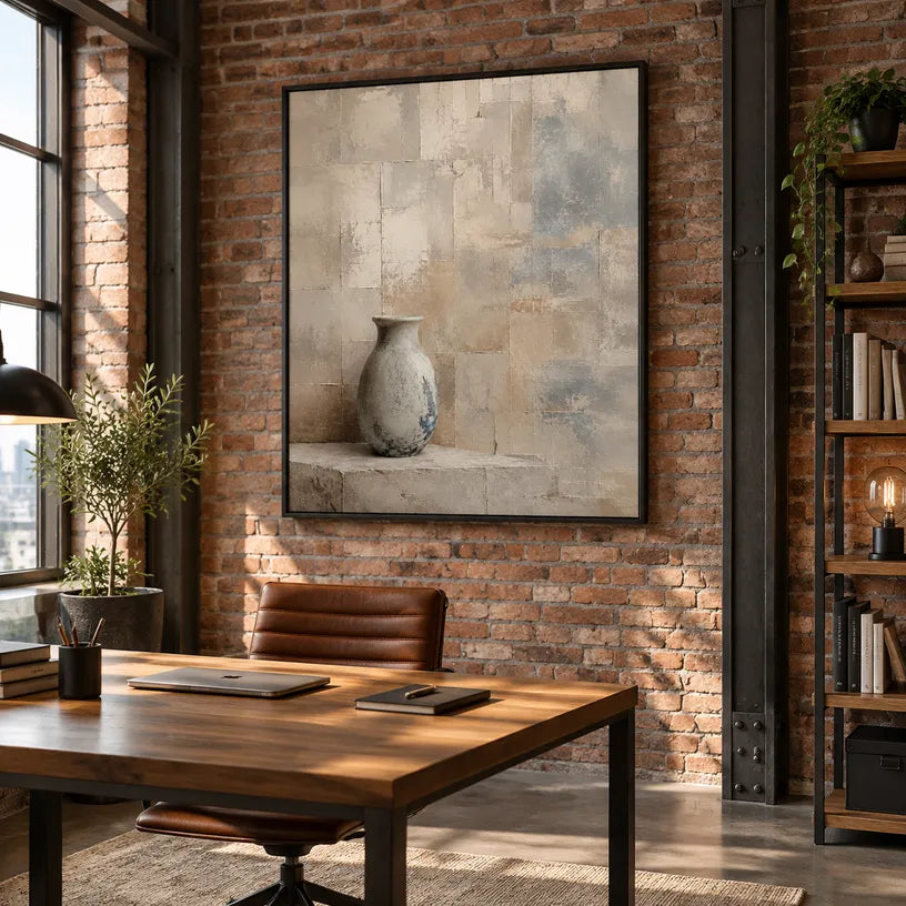 Wabi-Sabi abstract oil painting showing layered abstract marks, texture and expressive painterly movement in a brown palette.