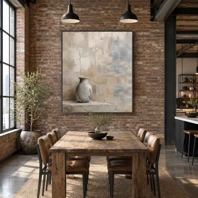 Wabi-Sabi abstract oil painting showing layered abstract marks, texture and expressive painterly movement in a brown palette.