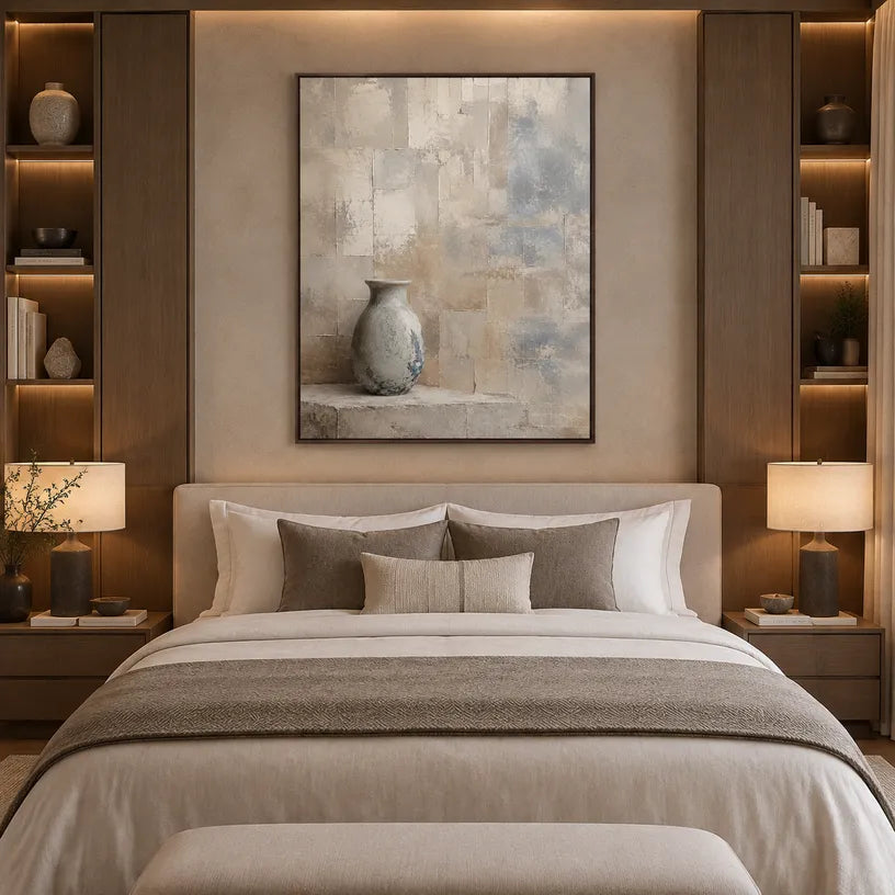 Wabi-Sabi abstract oil painting showing layered abstract marks, texture and expressive painterly movement in a brown palette.