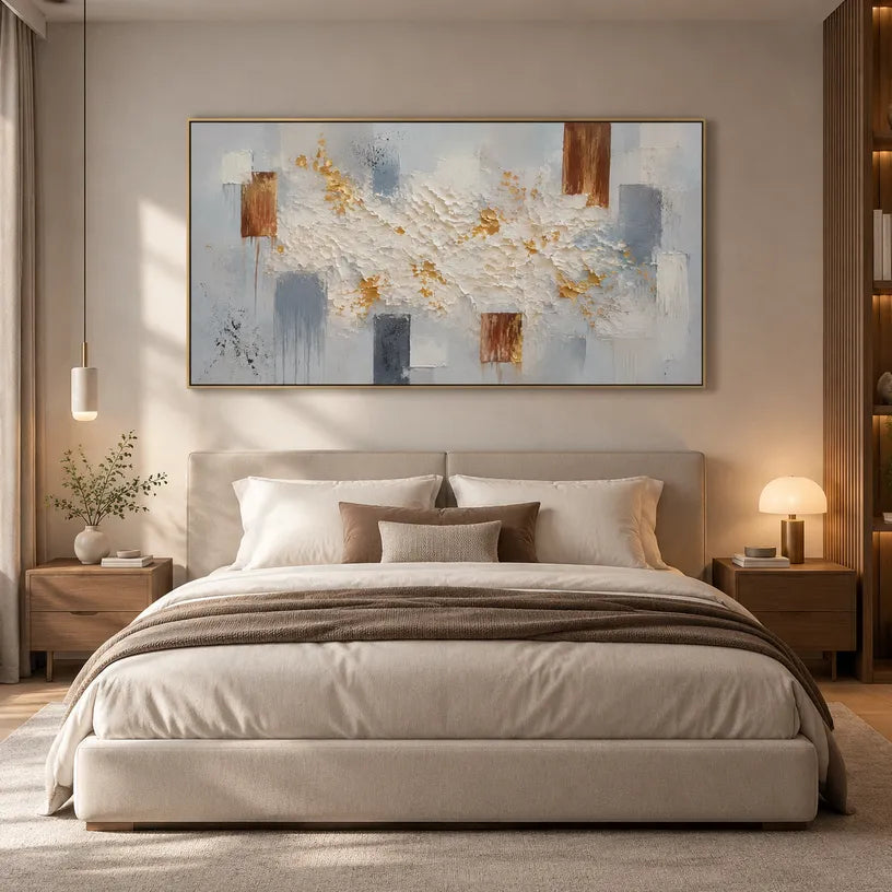 Wabi-Sabi abstract oil painting showing layered abstract marks, texture and expressive painterly movement in a grey palette.
