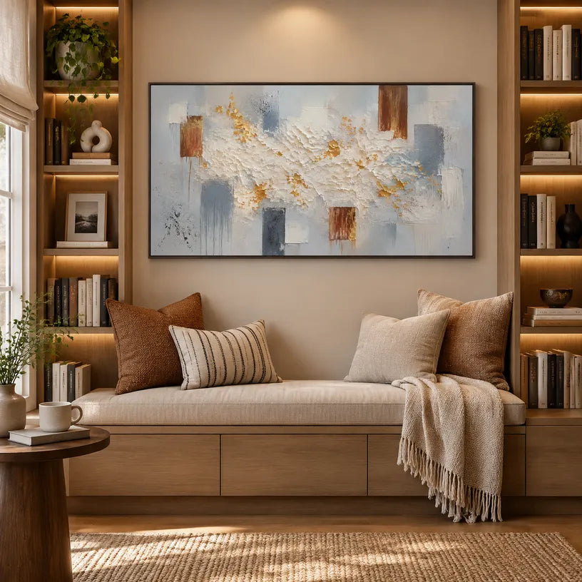 Wabi-Sabi abstract oil painting showing layered abstract marks, texture and expressive painterly movement in a grey palette.