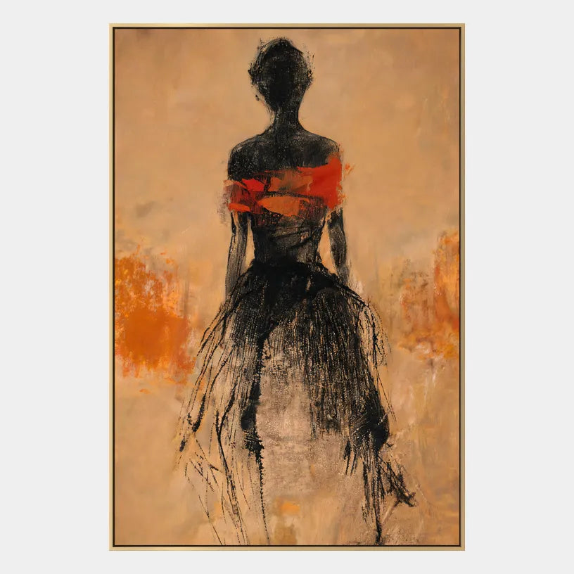Wabi-Sabi abstract oil painting showing layered abstract marks, texture and expressive painterly movement in a orange palette.