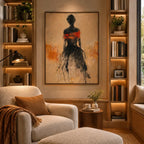 Wabi-Sabi abstract oil painting showing layered abstract marks, texture and expressive painterly movement in a orange palette.