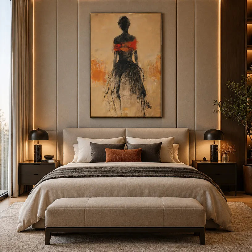 Wabi-Sabi abstract oil painting showing layered abstract marks, texture and expressive painterly movement in a orange palette.