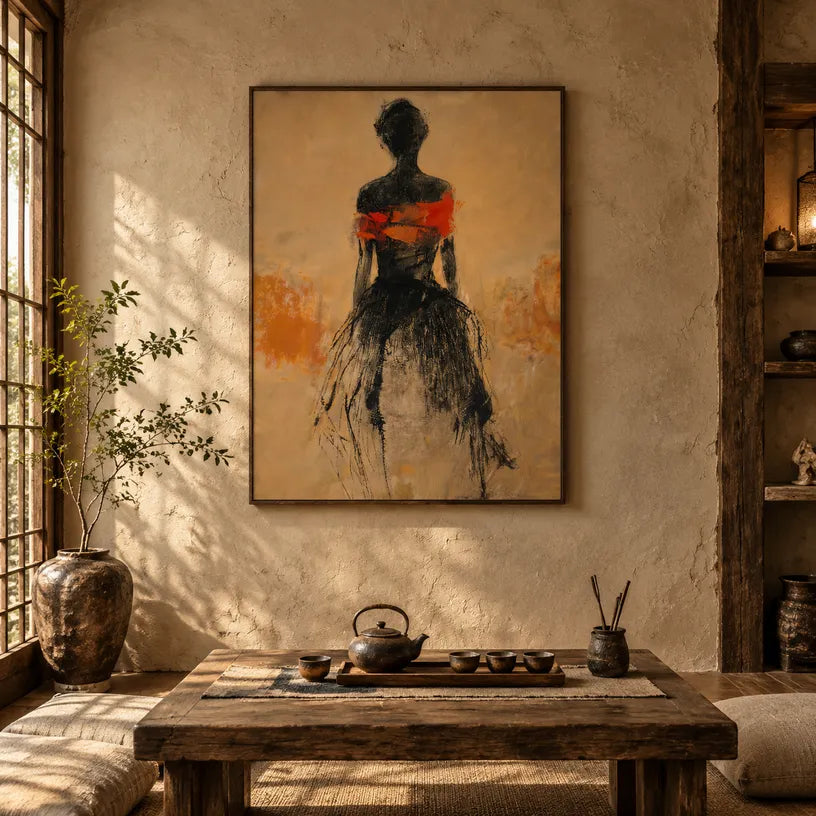 Wabi-Sabi abstract oil painting showing layered abstract marks, texture and expressive painterly movement in a orange palette.