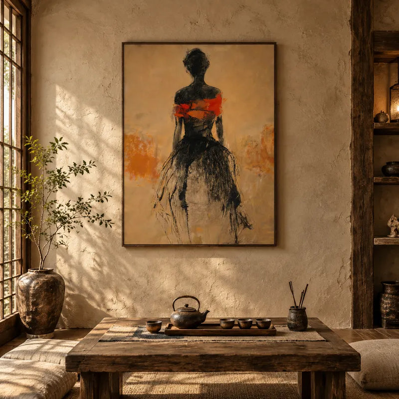 Peinture à l'huile de portraits et de figures Wabi-Sabi représentant une figure ou un portrait expressif rendu avec des détails picturaux dans une palette marron.