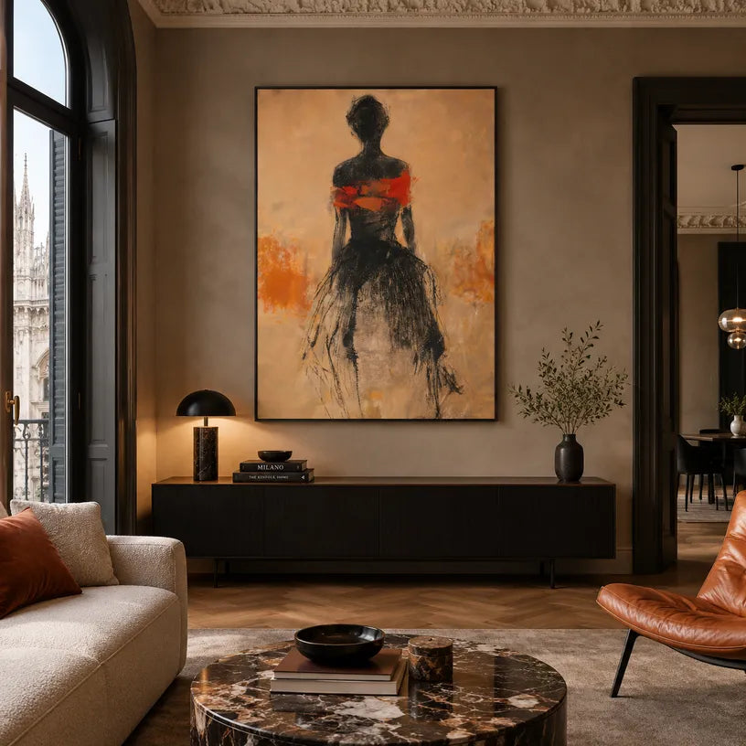 Wabi-Sabi abstract oil painting showing layered abstract marks, texture and expressive painterly movement in a orange palette.