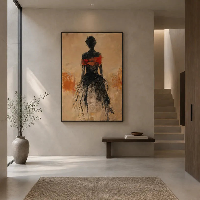 Wabi-Sabi abstract oil painting showing layered abstract marks, texture and expressive painterly movement in a orange palette.