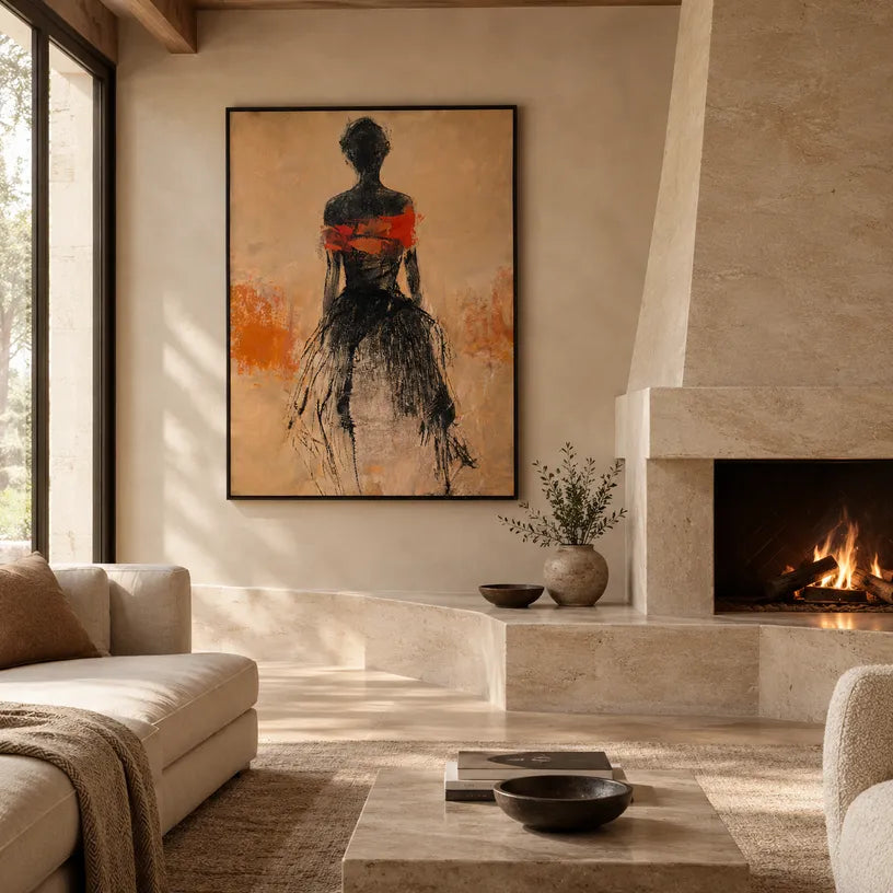 Wabi-Sabi abstract oil painting showing layered abstract marks, texture and expressive painterly movement in a orange palette.