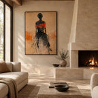 Wabi-Sabi abstract oil painting showing layered abstract marks, texture and expressive painterly movement in a orange palette.