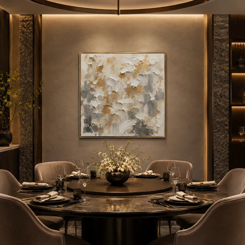 Wabi-Sabi abstract oil painting showing layered abstract marks, texture and expressive painterly movement in a brown palette.