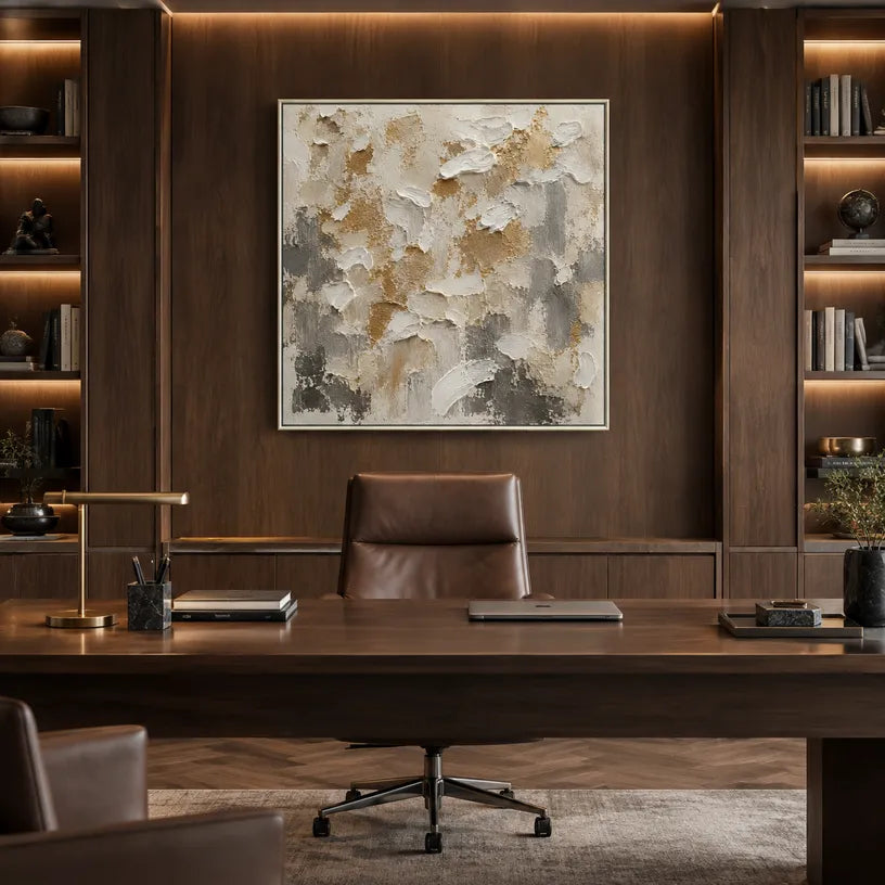 Wabi-Sabi abstract oil painting showing layered abstract marks, texture and expressive painterly movement in a brown palette.