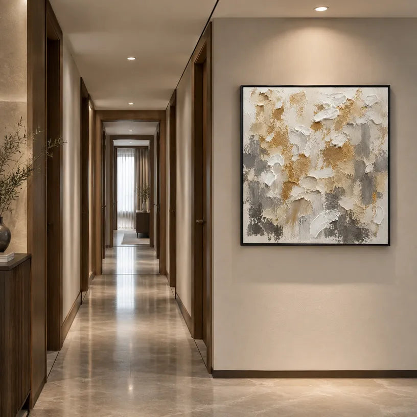 Wabi-Sabi abstract oil painting showing layered abstract marks, texture and expressive painterly movement in a brown palette.