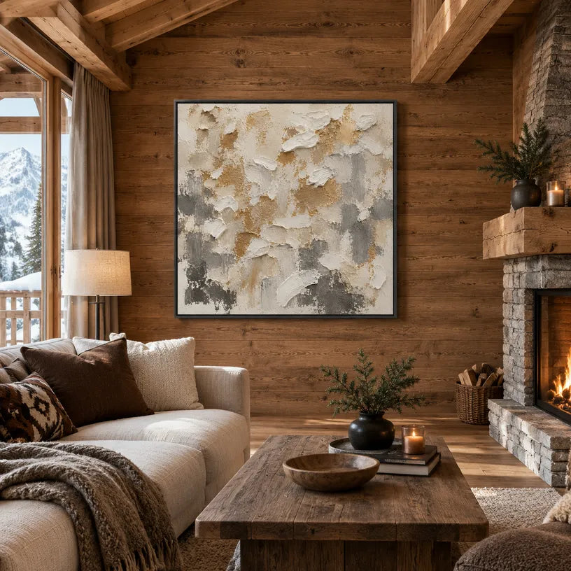Wabi-Sabi abstract oil painting showing layered abstract marks, texture and expressive painterly movement in a brown palette.