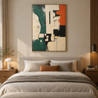 Wabi-Sabi abstract oil painting showing layered abstract marks, texture and expressive painterly movement in a beige palette.