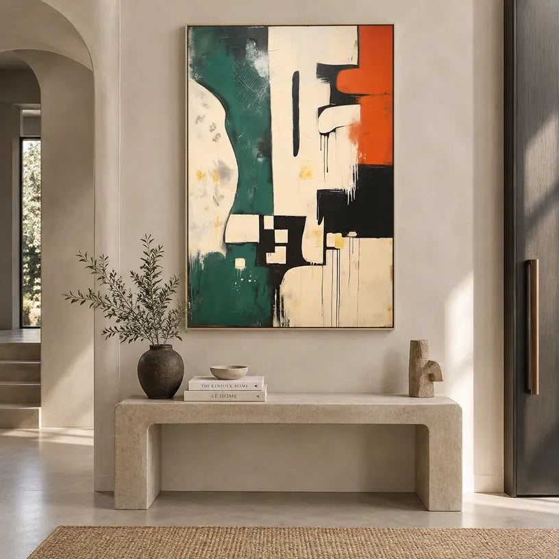 Wabi-Sabi abstract oil painting showing layered abstract marks, texture and expressive painterly movement in a beige palette.