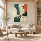 Wabi-Sabi abstract oil painting showing layered abstract marks, texture and expressive painterly movement in a beige palette.
